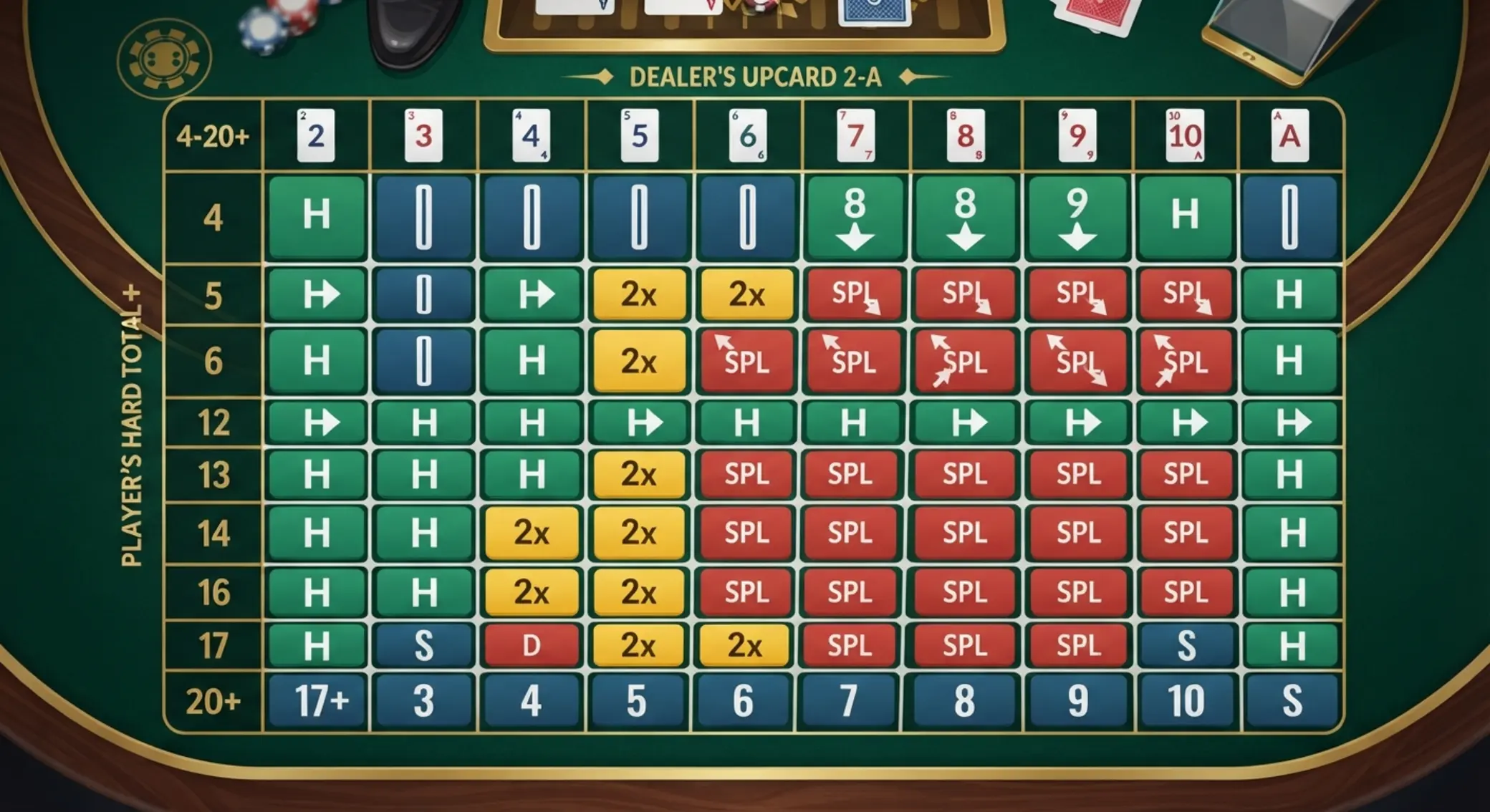 Blackjack hard kezek stratégiája Blackjack alapstratégia mátrix illusztráció
