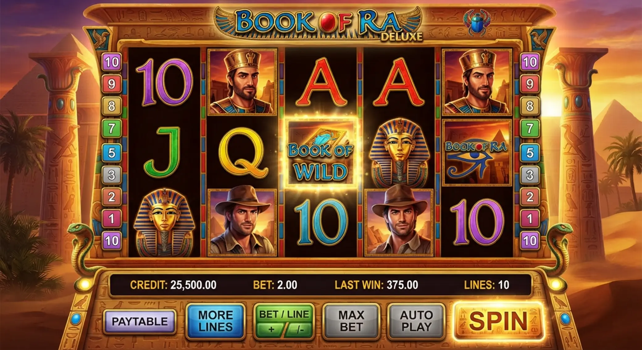 Book of Ra Deluxe játékkép Book of Ra Deluxe játékképernyő öt tárcsával