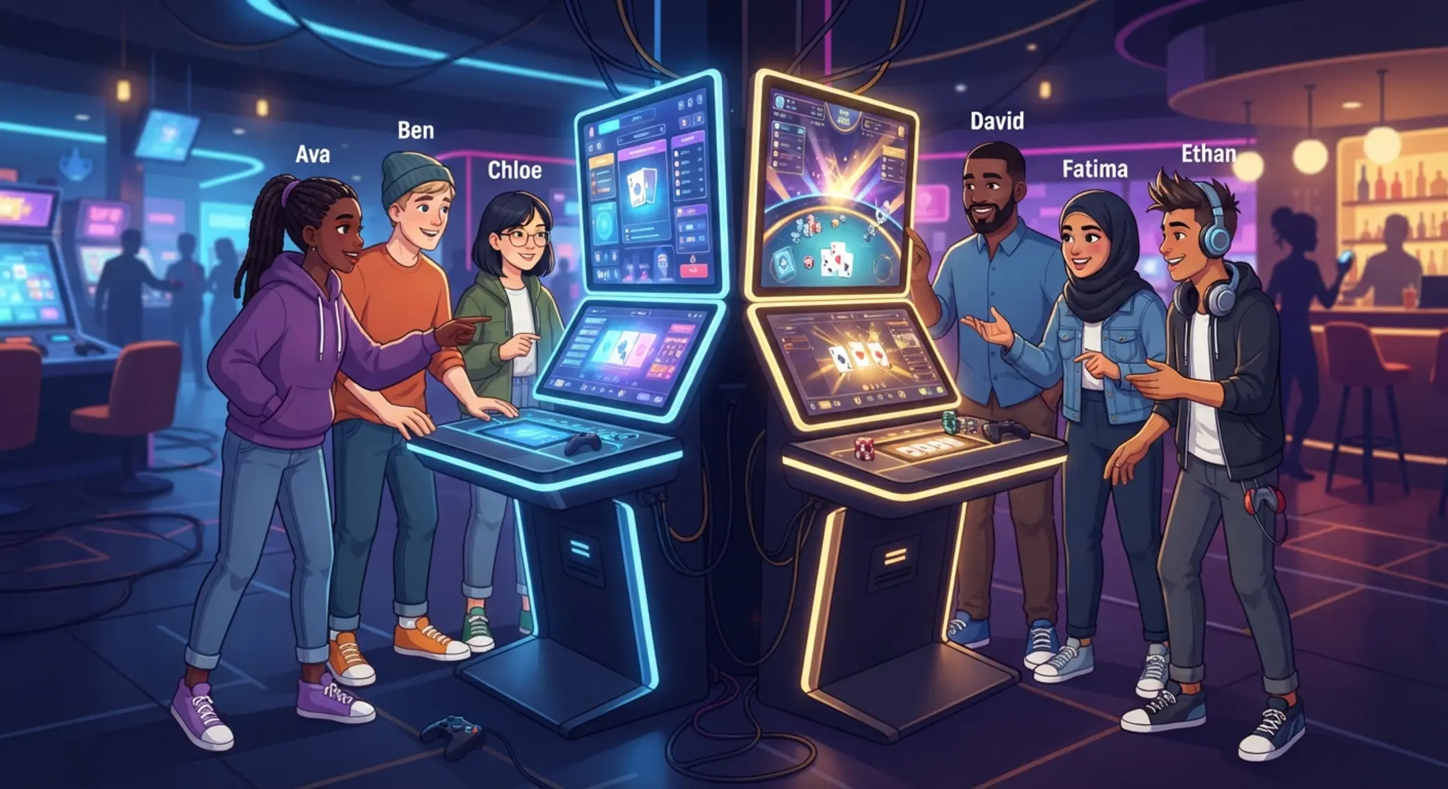 Stilizált játékosok közösségi hangulatban egy arcade kaszinójáték körül