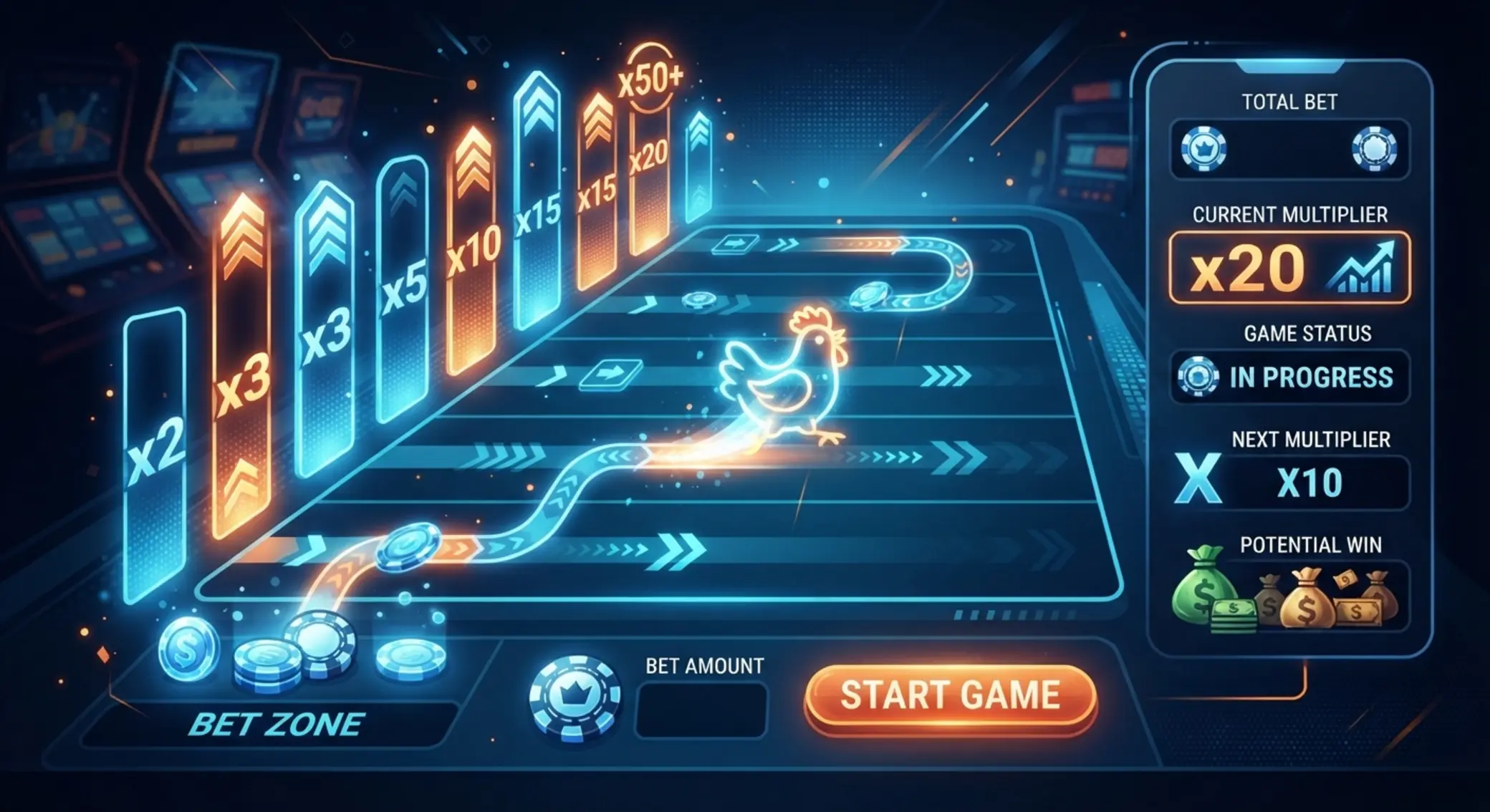 Tét- és szorzónövekedés szemléltetése arcade kaszinójátékban
