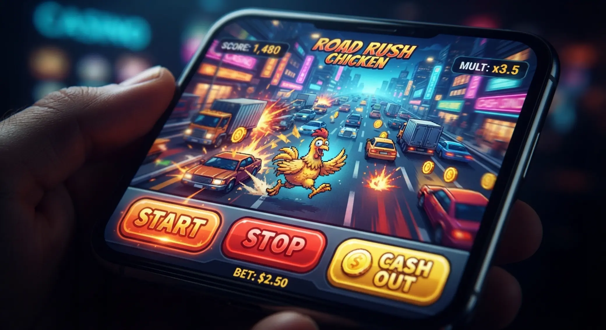 Közelkép mobilos játékvezérlő gombokról Chicken Road hangulatban
