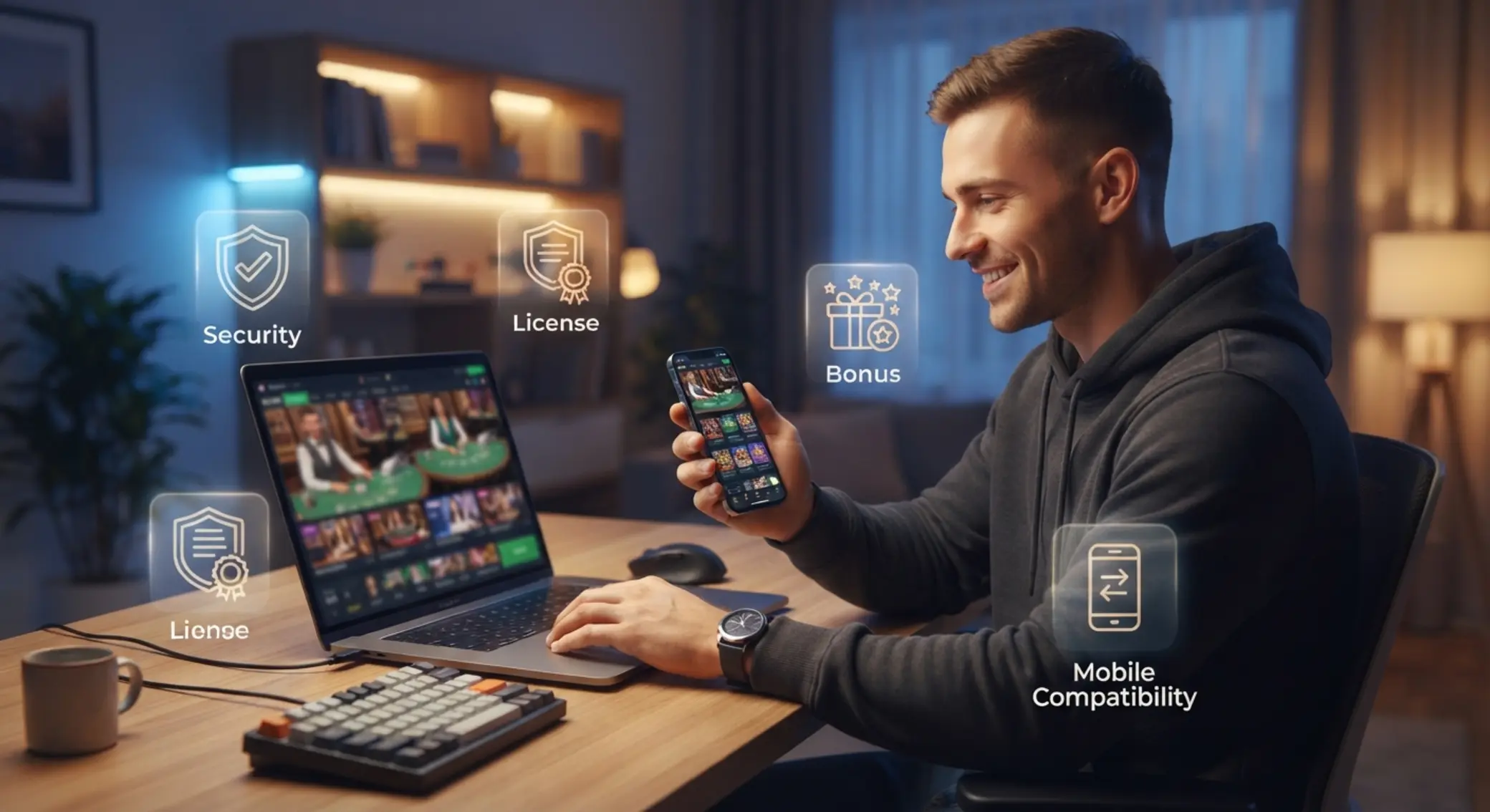 Játékos élő kaszinó lobbyt böngészik laptopon és mobilon