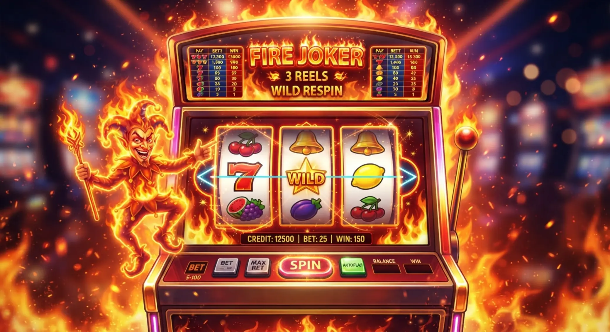 Fire Joker tárcsák gyümölcsös szimbólumokkal és tüzes háttérrel