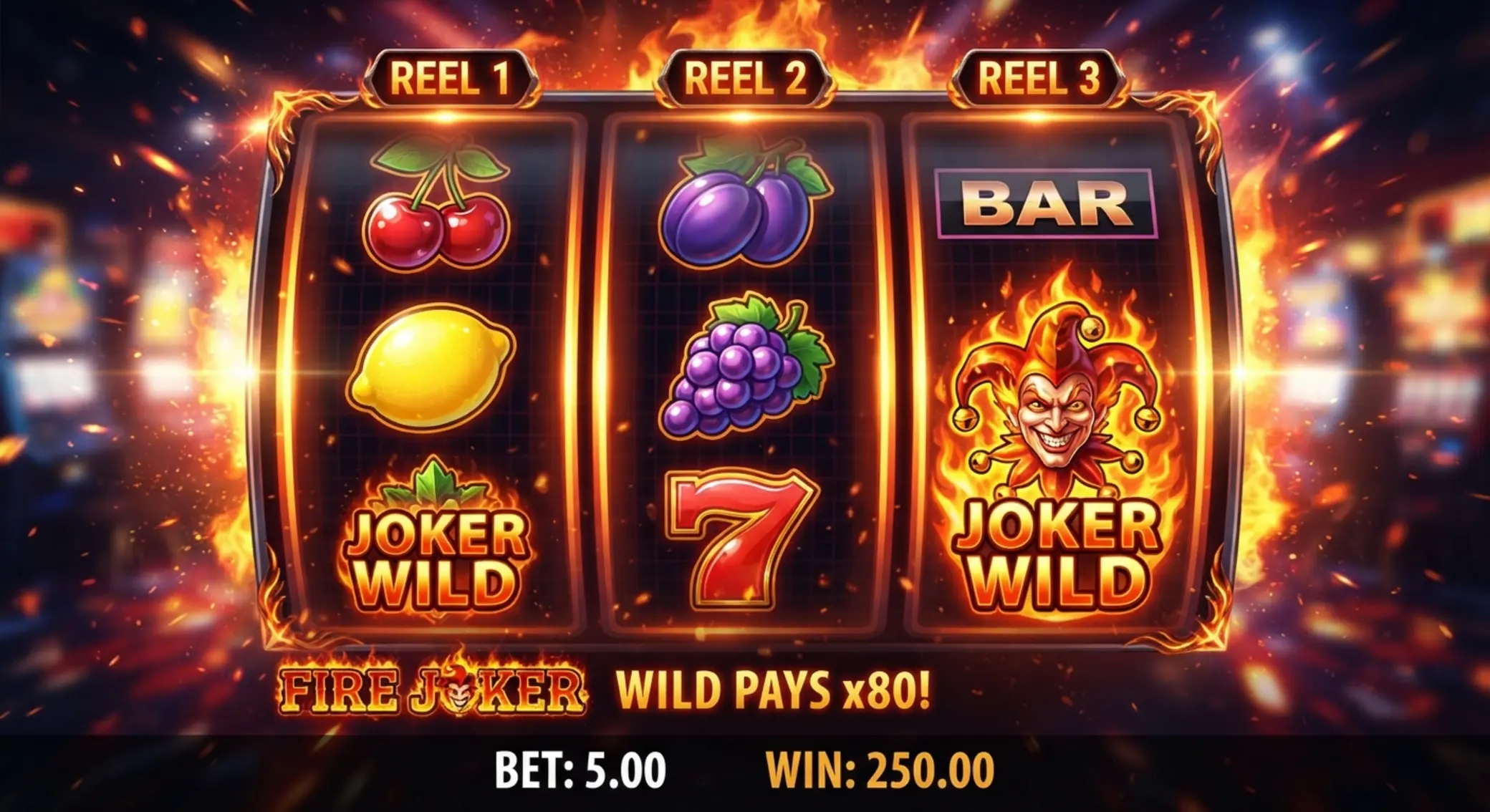Fire Joker szimbólumok közelről gyümölcsökkel, BAR-ral és Jokerrel