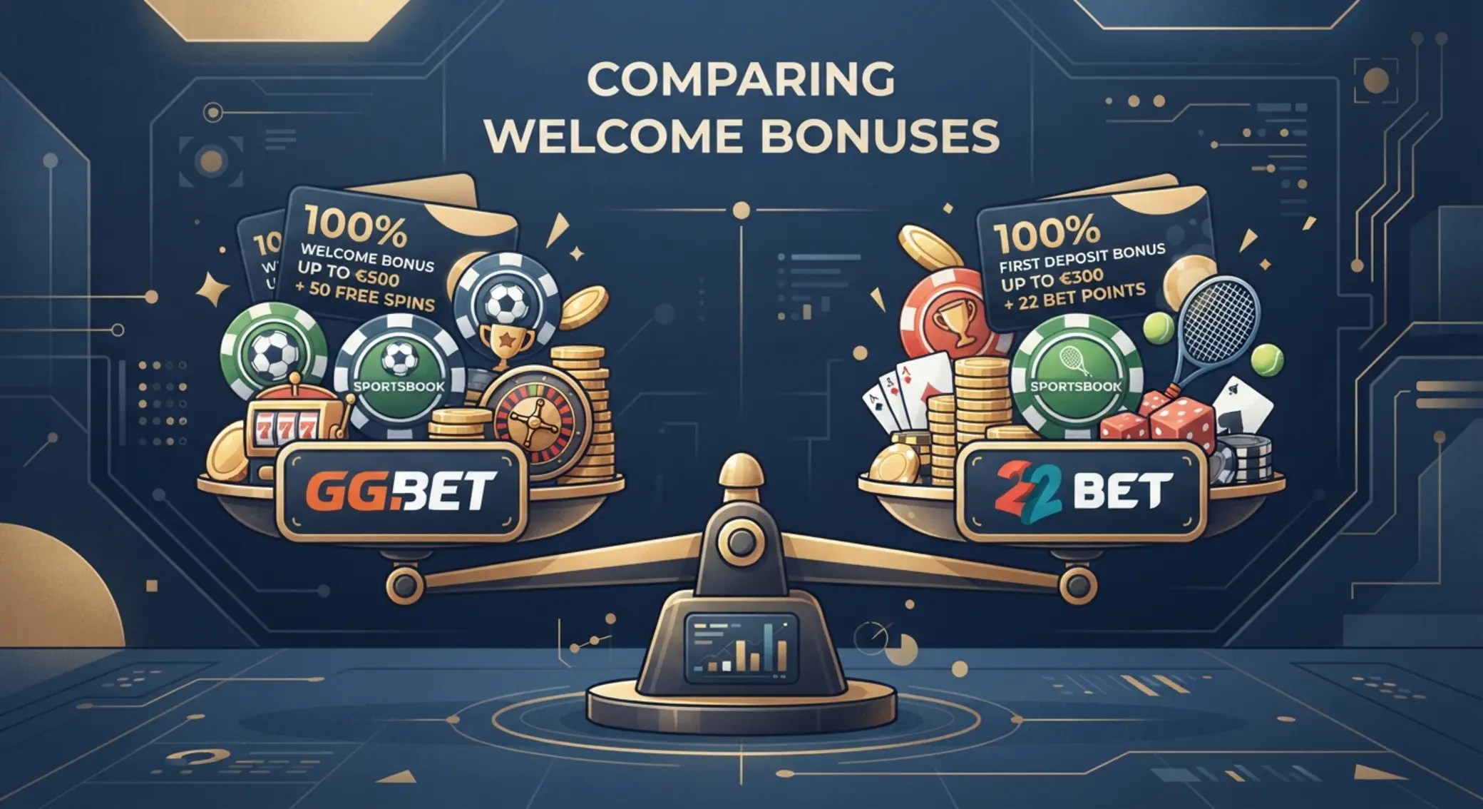 GG Bet vs 22Bet bónusz mérleg GG Bet és 22Bet bónusz mérleg illusztráció