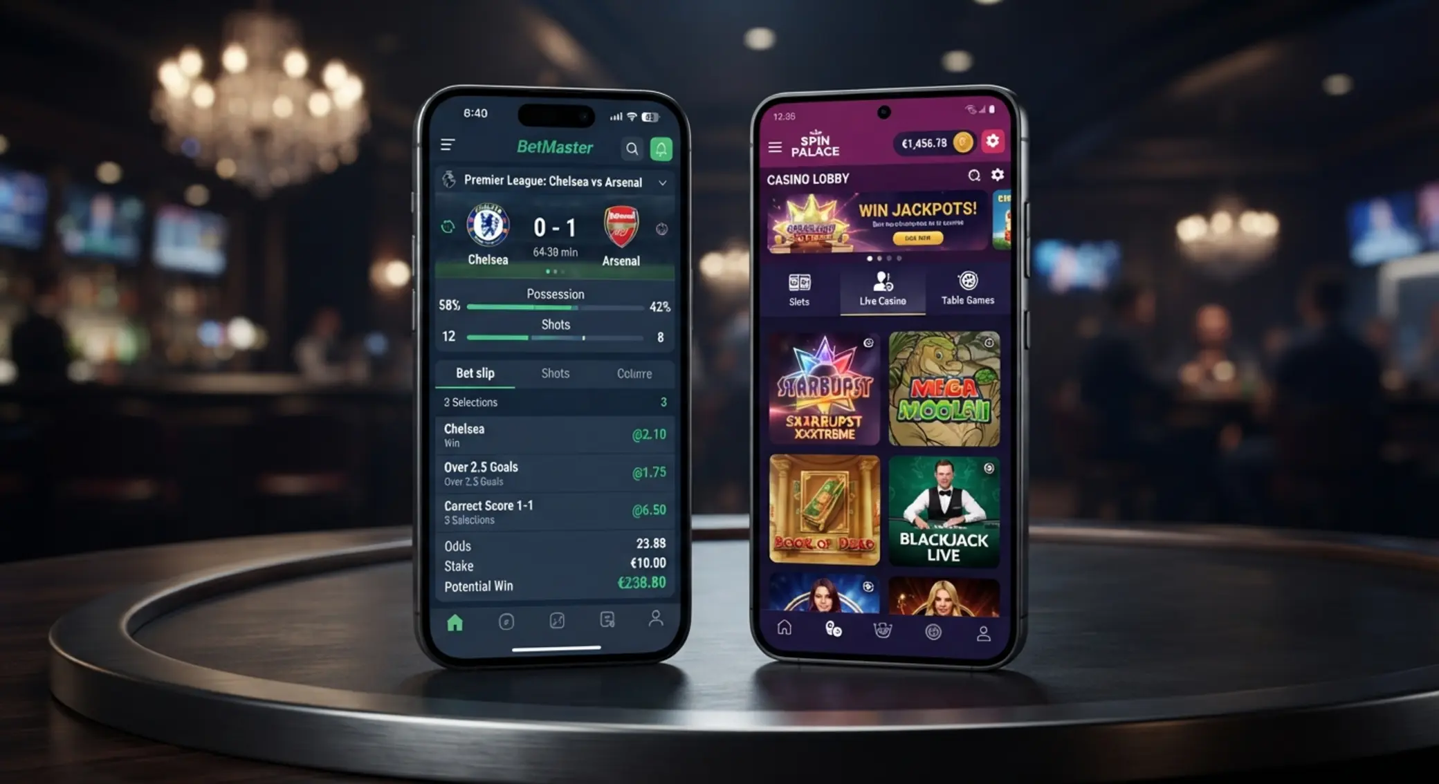 Két mobilkijelző sportfogadási és kaszinó felülettel