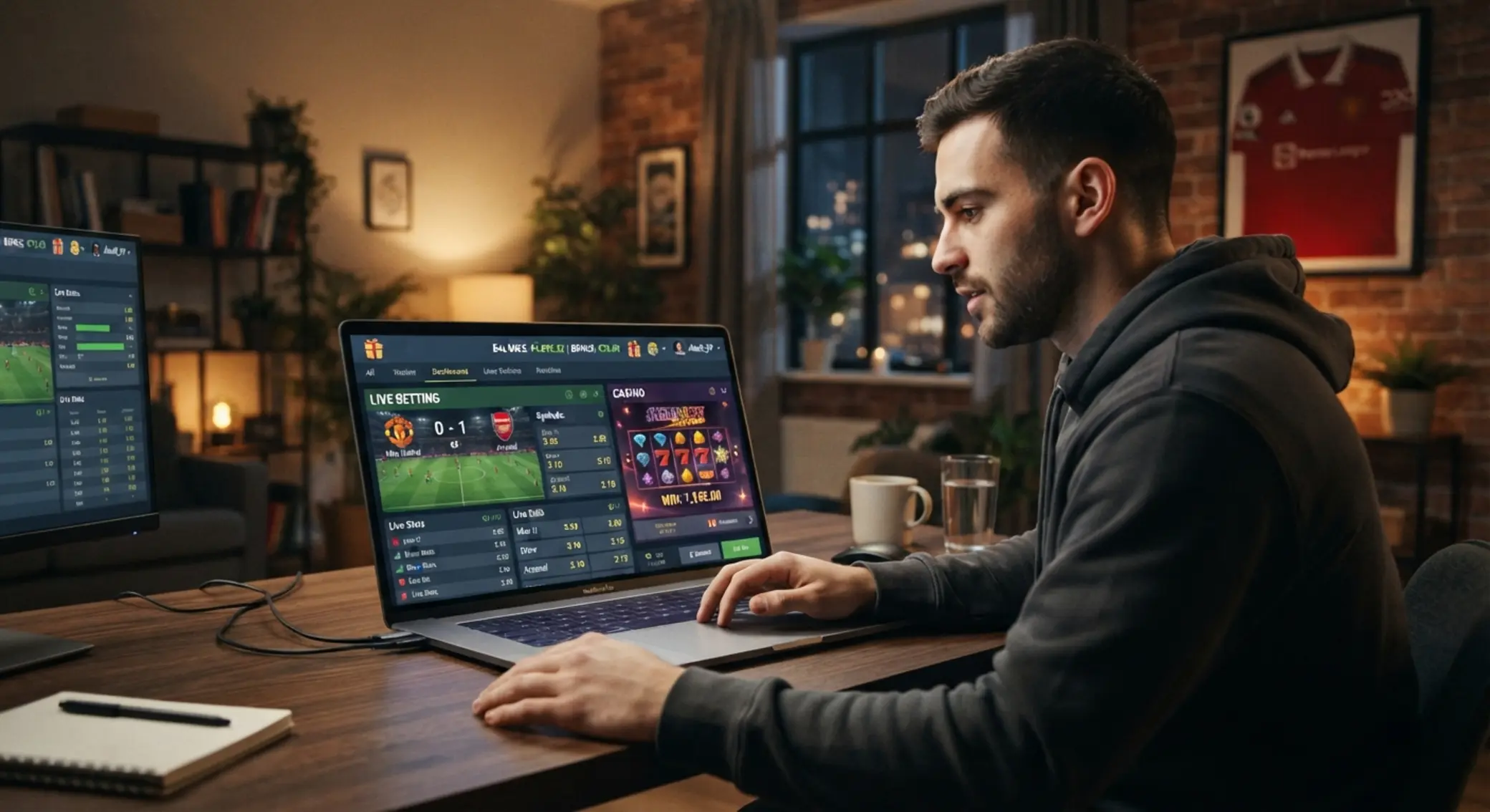 Játékos laptop előtt sportfogadási és kaszinó bónusz egyenleggel