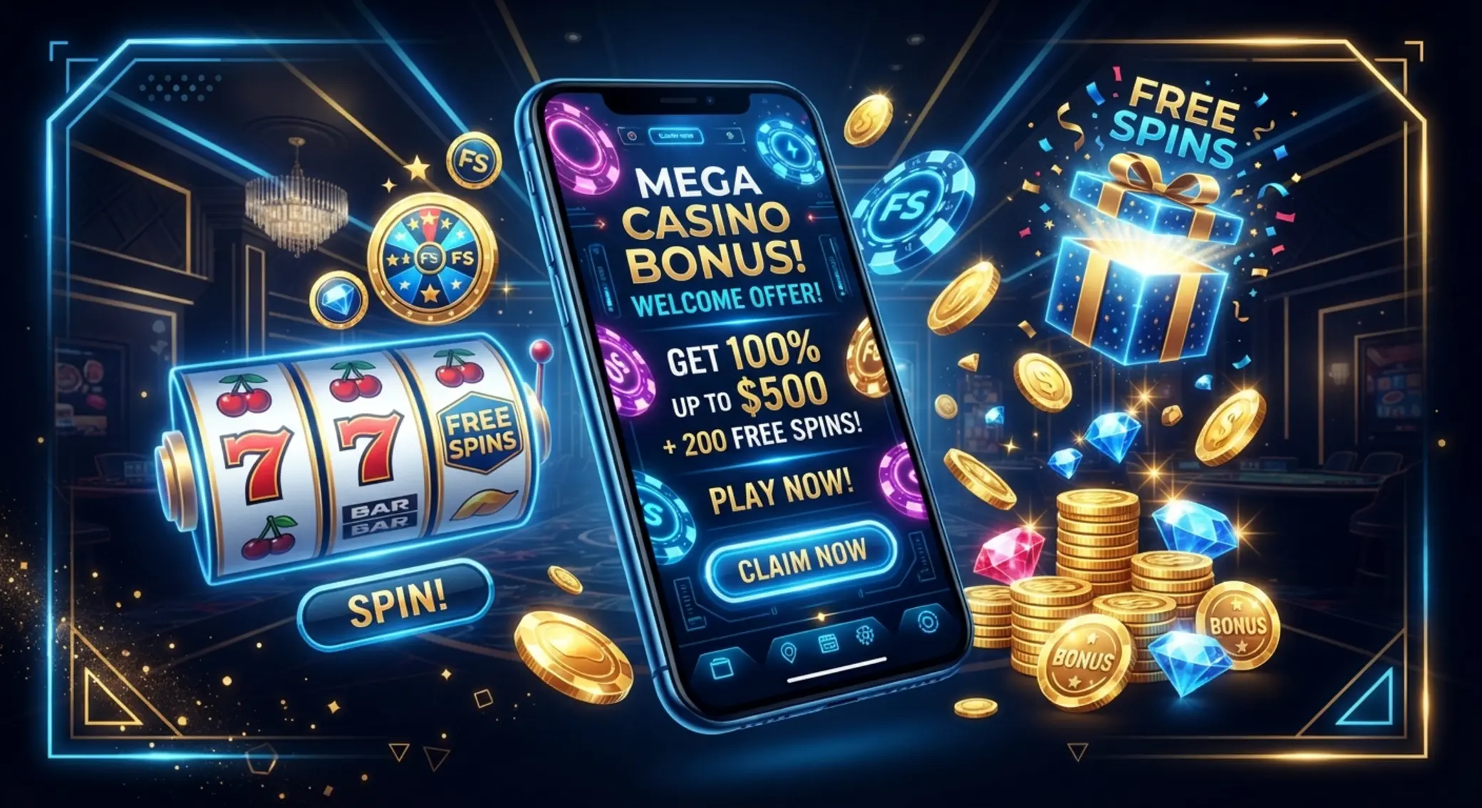 Kaszinó bónusz illusztráció slot és free spin elemekkel