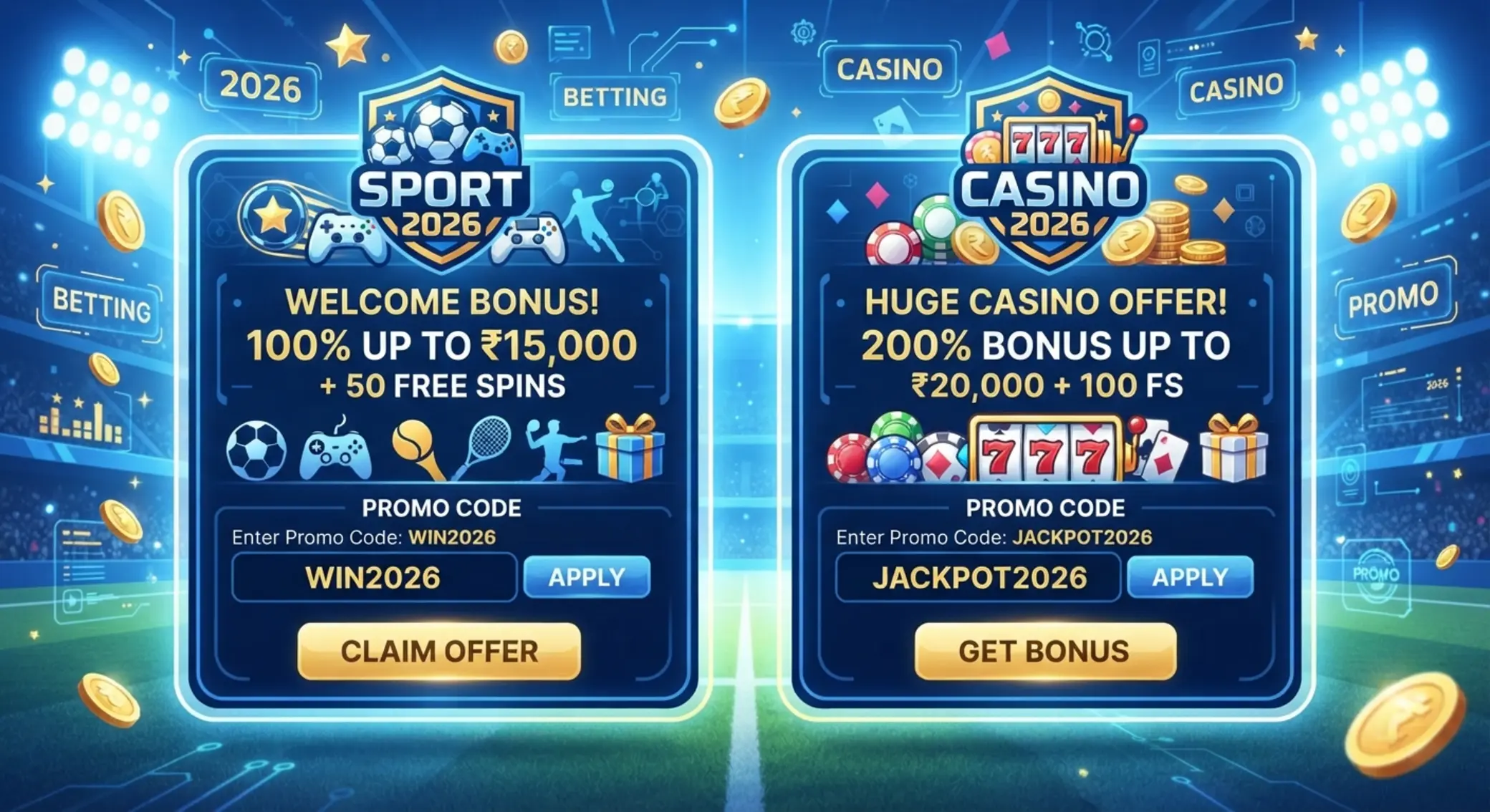GGbet és 20Bet promóciós kód mezők sport és kaszinó ikonokkal