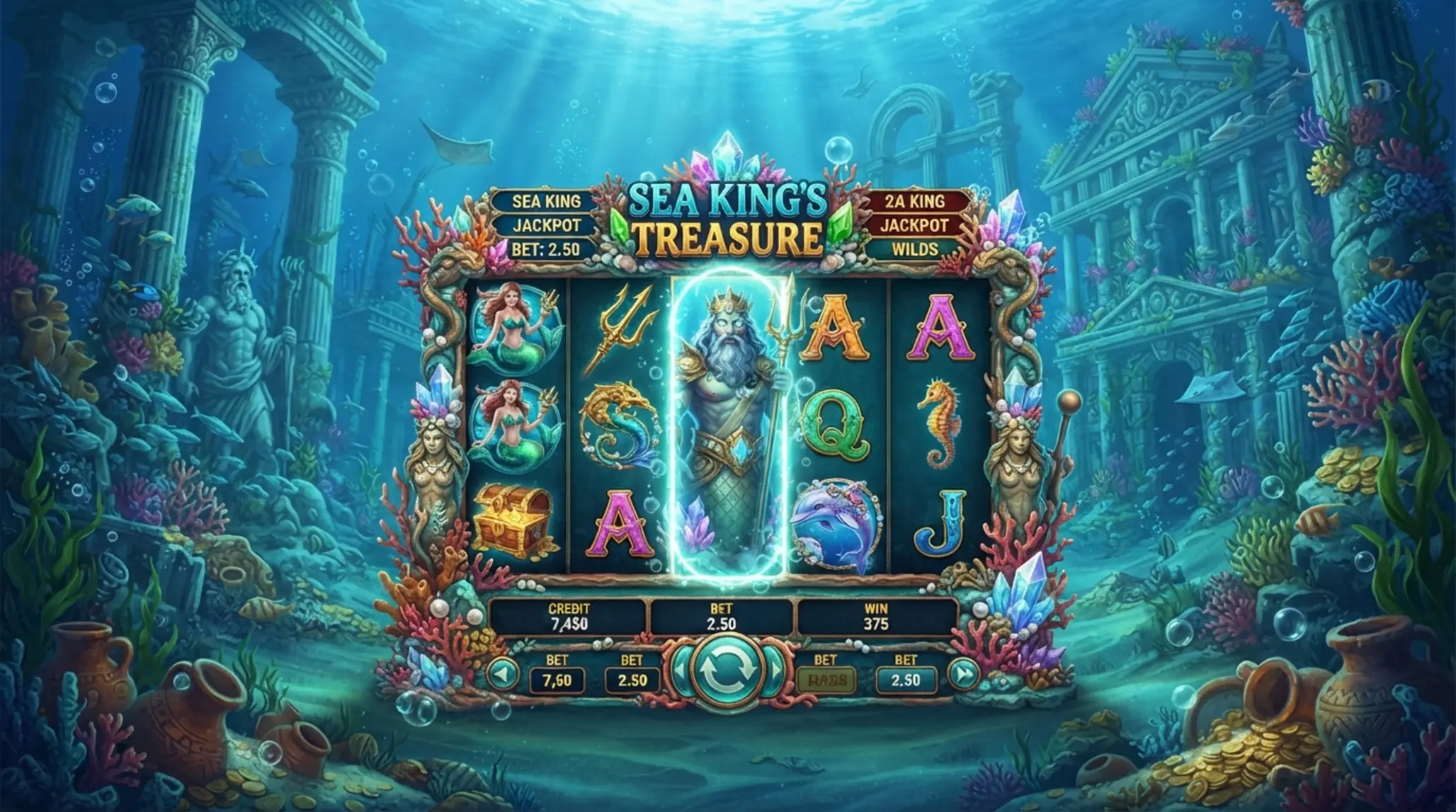 Lord of the Ocean játékstílus tenger alatti háttérrel és tárcsákkal