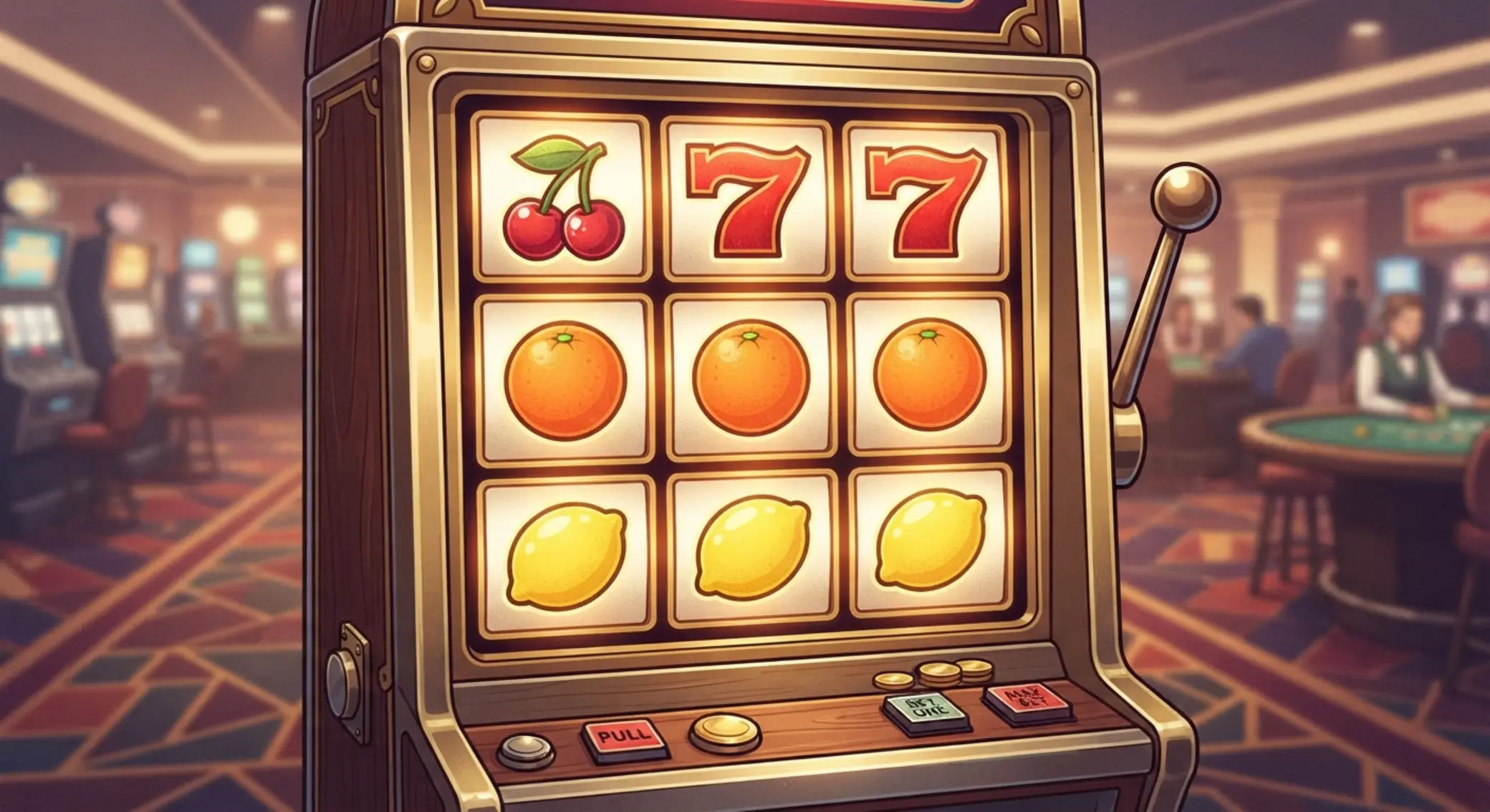 Sematikus háromszor hármas slot elrendezés gyümölcsszimbólumokkal