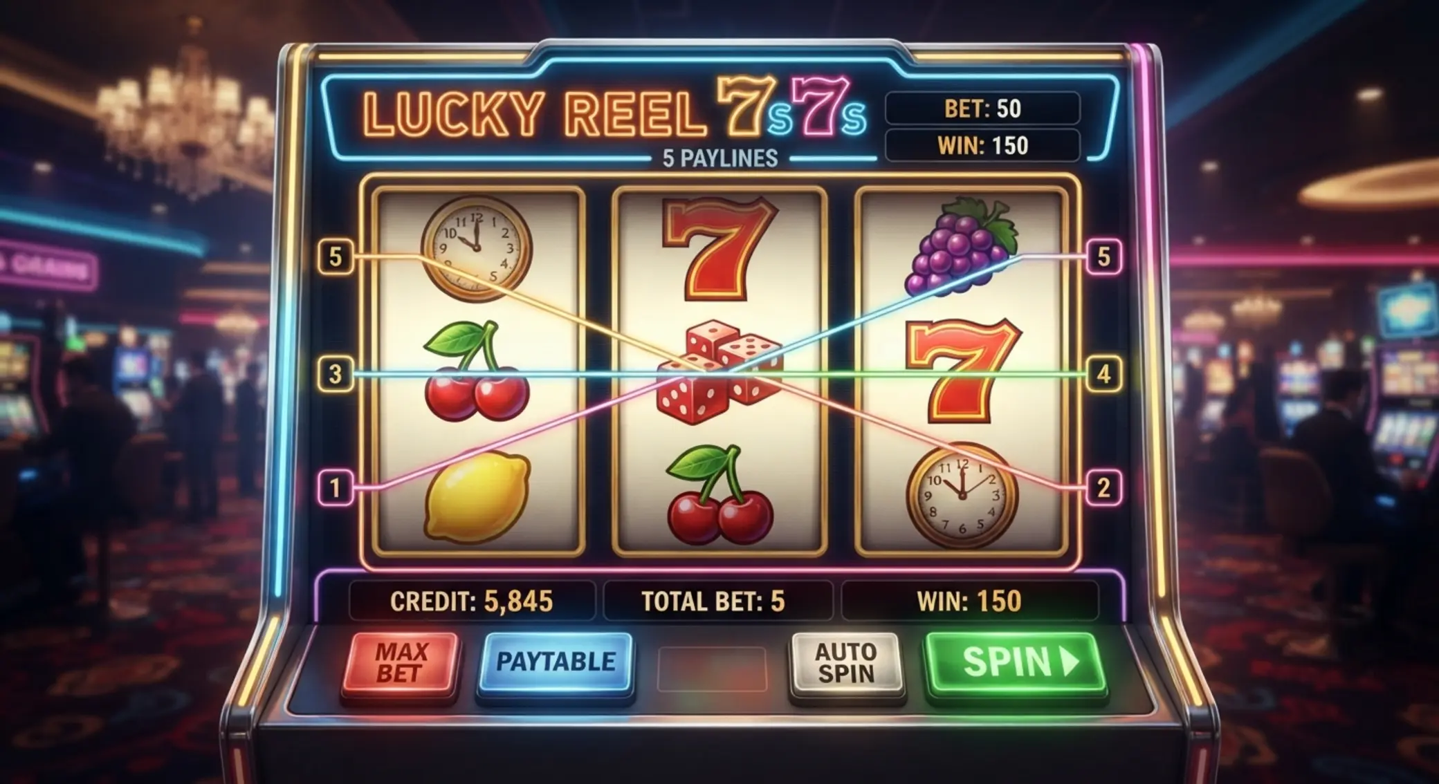 Multi Dice stílusú játékképernyő dobókocka és gyümölcsszimbólumokkal
