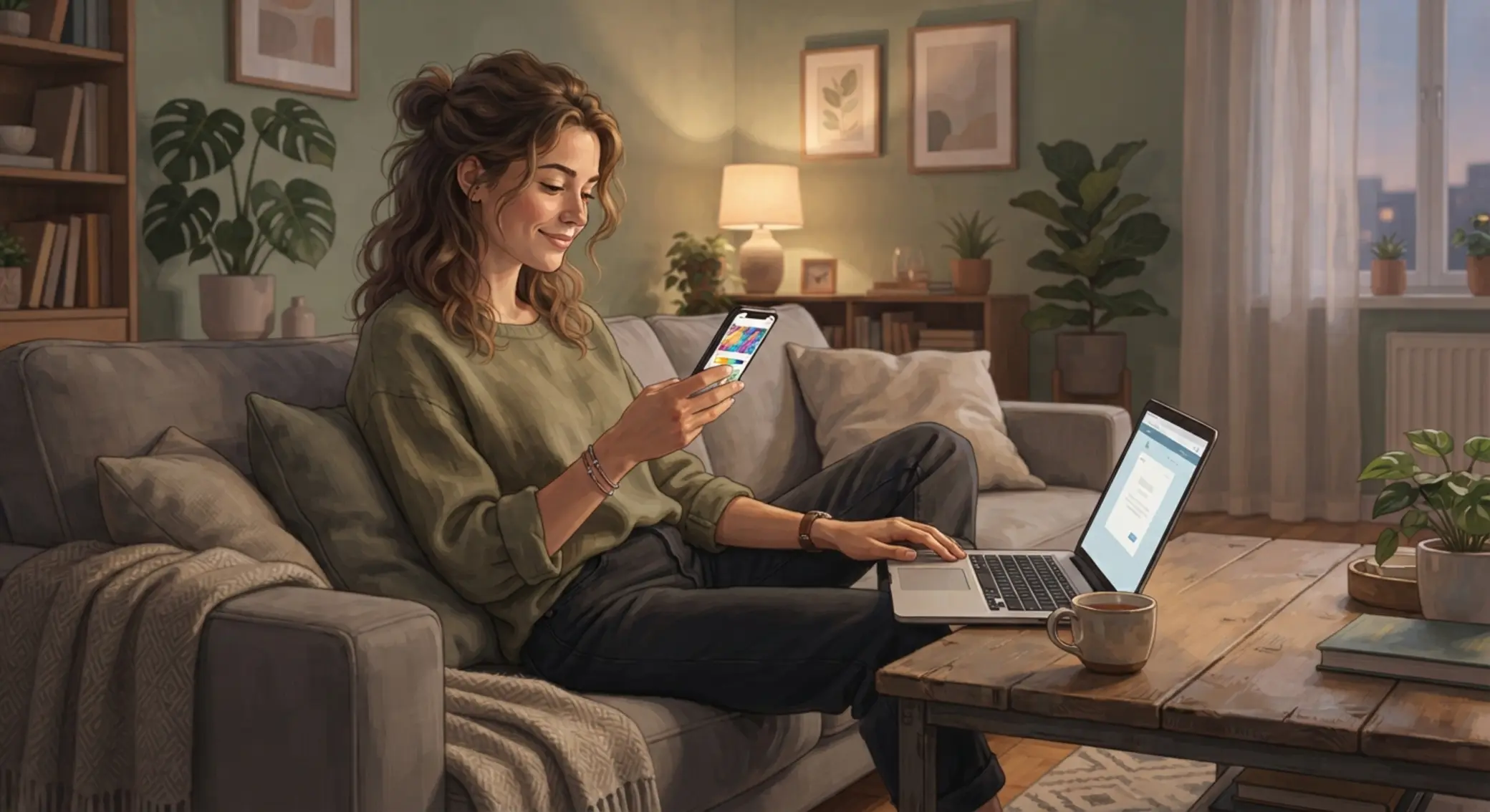 Felhasználó otthon digitális kaparós sorsjegyet használ telefonon és laptopon