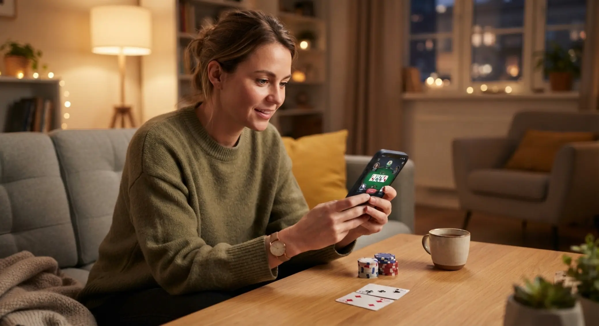 Mobilon játszó pókeres okostelefonnal és zsetonokkal
