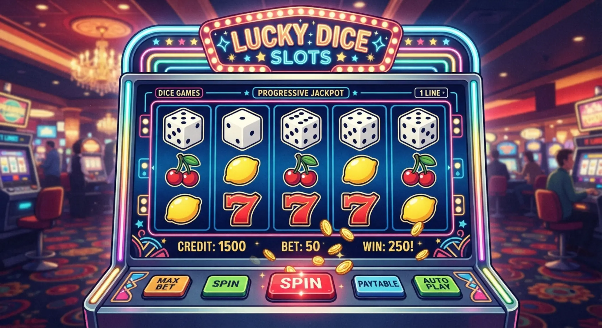 Super Dice stílusú nyerőgép illusztráció kockákkal és gyümölcsökkel